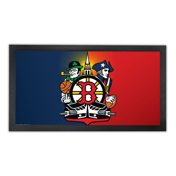 Boston Sports Fan Crest, Bar Runner Mat, Rubber Base, 18 x 10”