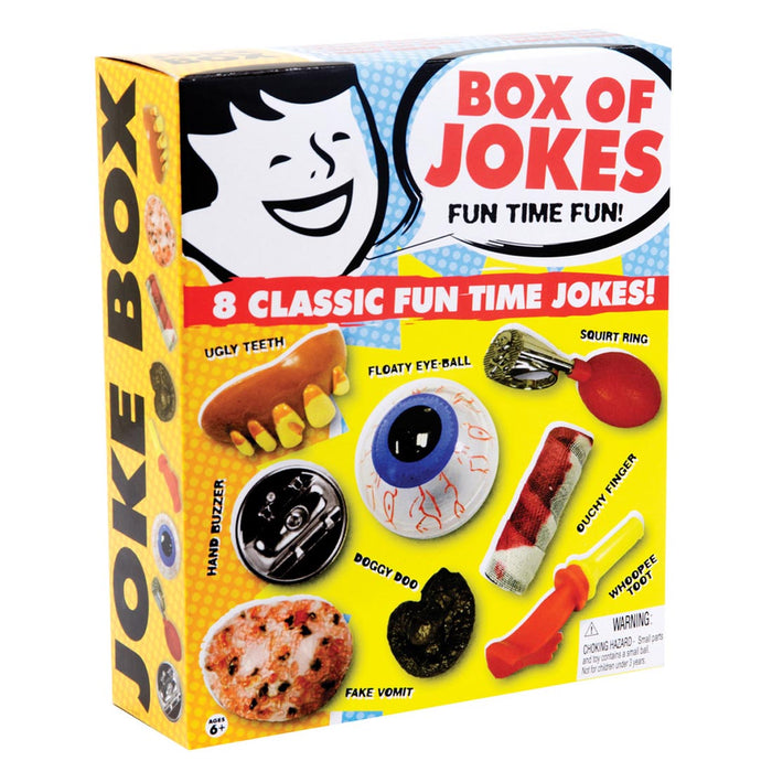 Box of Jokes with various joke items on a white background