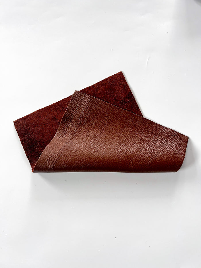 Brandy Brown Cowhide Leather Sheets, 8.5 × 11 in close view showing grain and texture