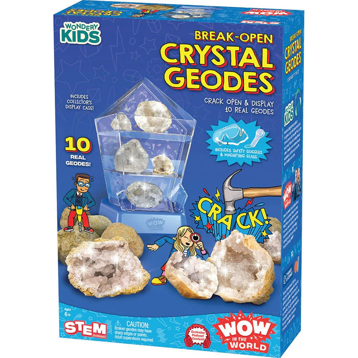 Box of Wonderly Kids Break-Open Crystal Geodes with colorful text and images.