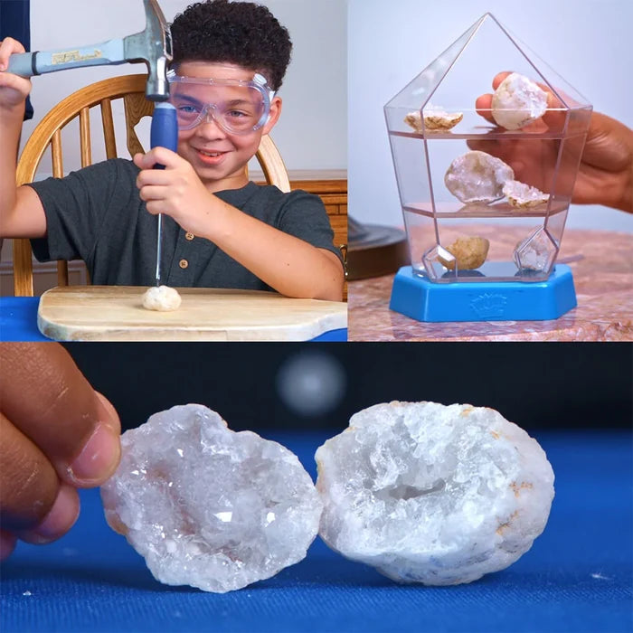 Collage of a child with safety goggles, crystal growing apparatus, and crystal samples.