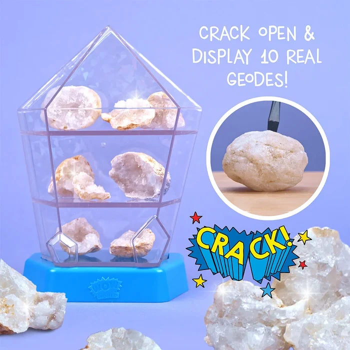 Geode display case with real geodes on a purple background