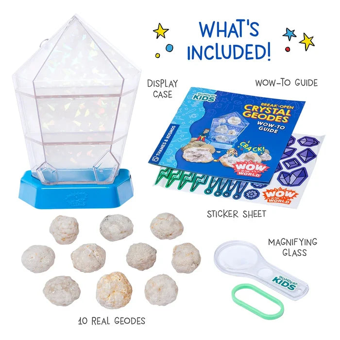 Geode discovery kit with display case, wow-to guide, sticker sheet, magnifying glass, and real geodes on a white background.