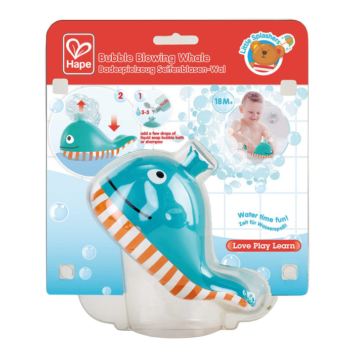 Packaging for the Bubble Blowing Whale with the Hape logo on a white background.