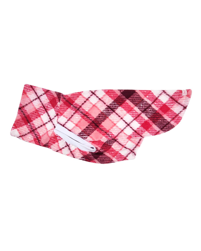 Side display of Jax & Molly's Bubble Gum Pink Plaid Dog Sweater in the muscle tank style option.