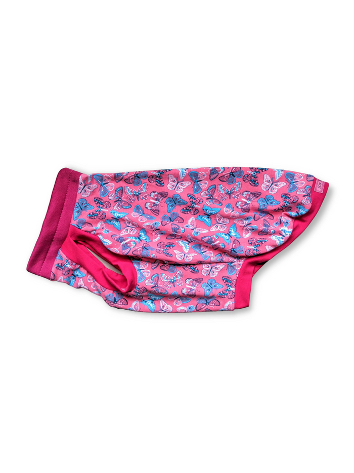 Bubblegum Butterfly cotton-spandex dog pajamas flat lay showing full print and trim detail