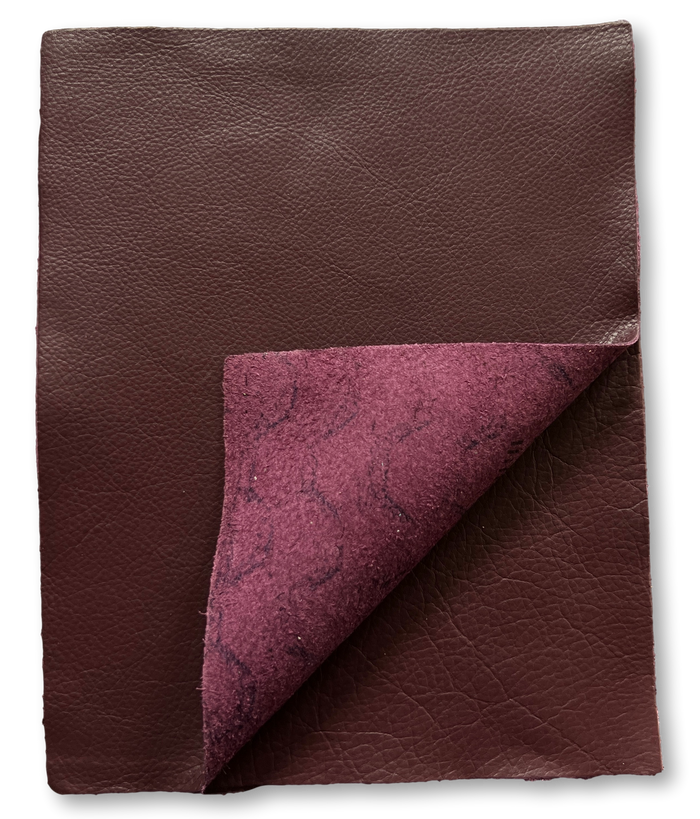 Close-up of Burgundy Cowhide Leather Sheets, 8.5 × 11 in showing grain, texture, and finish
