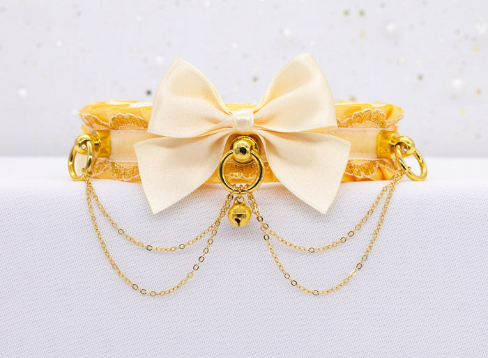 Buttercup Yellow & Ivory Chained Luxury Pet Play Collar in Gold