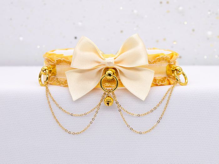 Buttercup Yellow & Ivory Chained Luxury Pet Play Collar in Gold