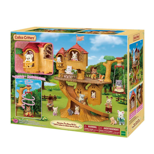 Calico Critters' Adventure Tree House Set in its original retail packaging, showing a detailed playset with various animal characters on a grassy background.