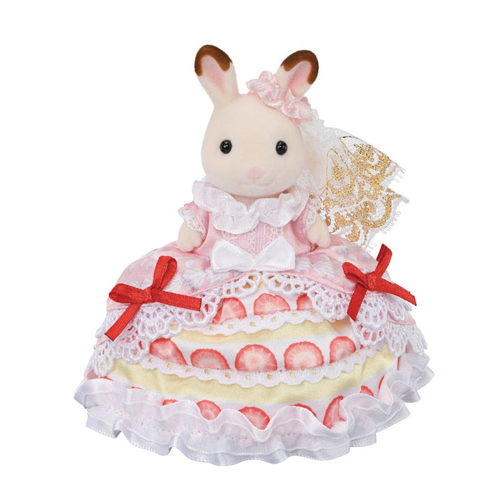 Toy figure of a rabbit in a strawberry cake dress on a white background