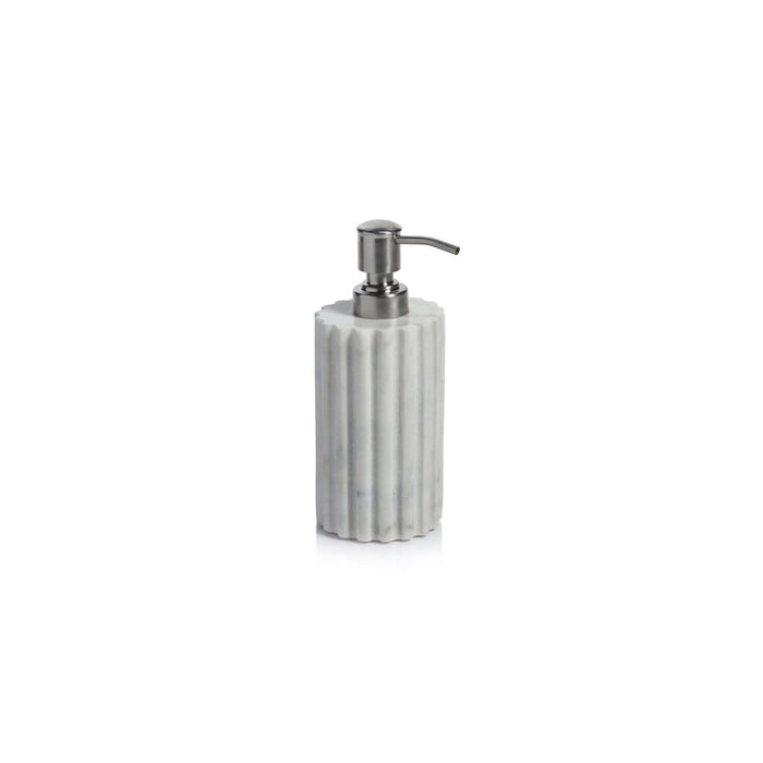 Camogli Bath Collection soap/lotion dispenser crafted from solid white marble with sculpted vertical fluting.