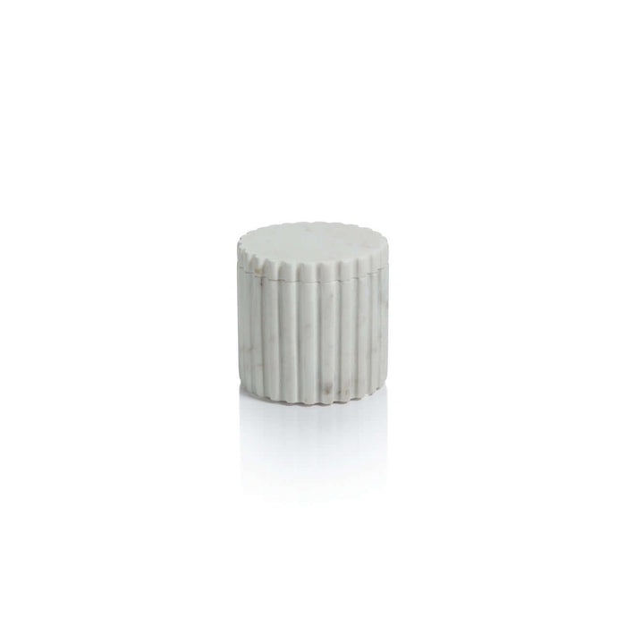 Camogli Bath Collection round canister with lid made from white marble, featuring sculpted vertical fluting design.