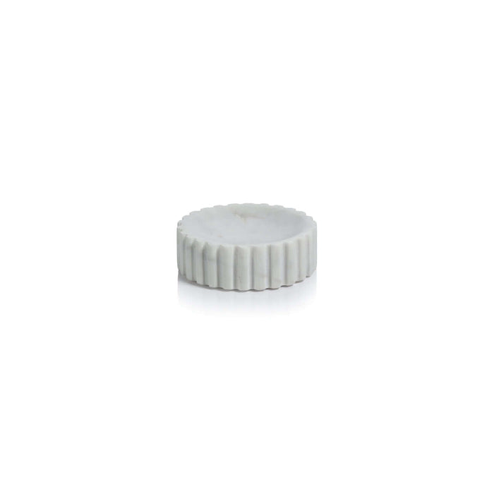 Soap dish from the Camogli Bath Collection featuring solid white marble with sculpted vertical fluting.