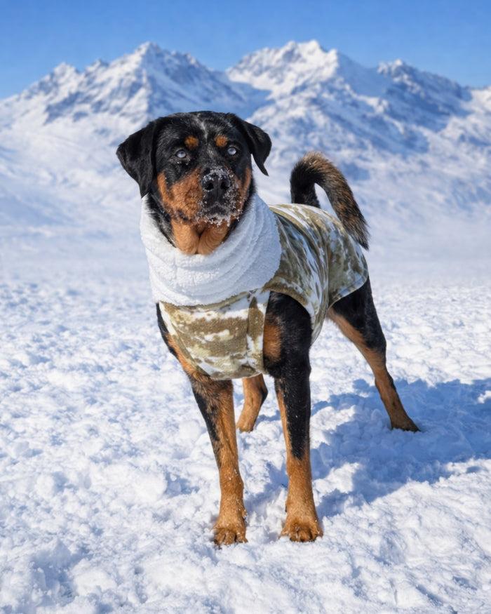 Camouflage fleece dog sweater with white sherpa turtleneck on Rottweiler, standing near snowy mountaintop