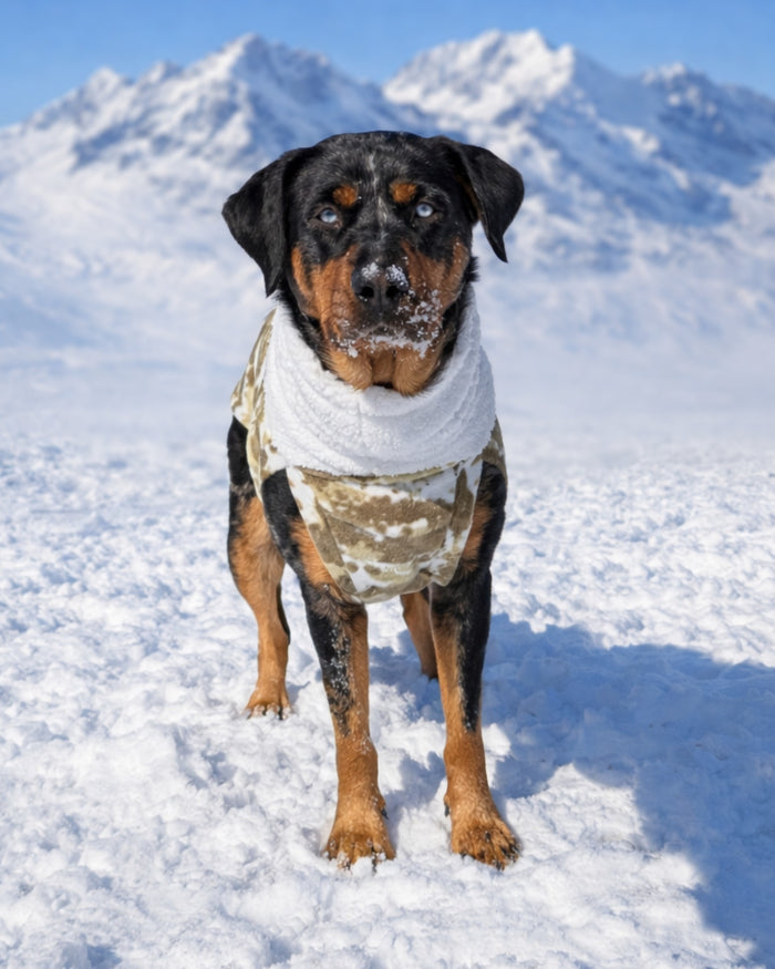 Camouflage fleece dog sweater with white sherpa turtleneck on Rottweiler, front view standing near snowy mountaintop