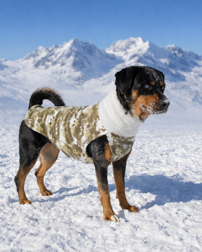 Camouflage fleece dog sweater with white sherpa turtleneck on Rottweiler, side view standing near snowy mountaintop