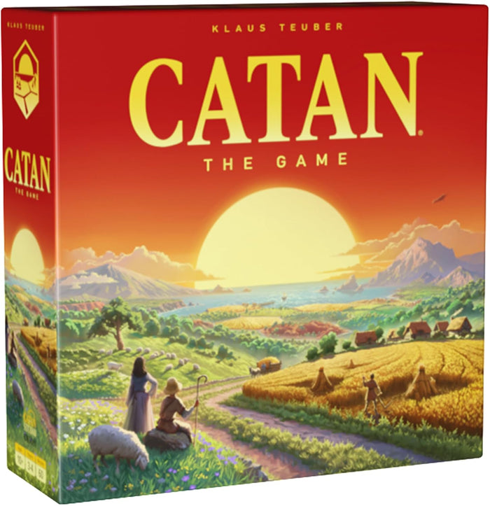 Board game box for 'Catan' with a scenic illustration of a village and landscape.