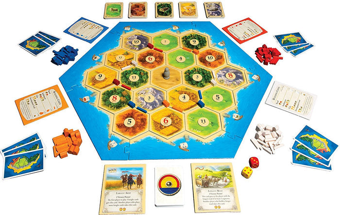 Your adventurous settlers seek to tame the remote but rich isle of Catan. Start by revealing Catan's many harbors and regions: pastures, fields, mountains, hills, forests, and desert.

Acquire your resources through trades, cards or lucky dice (even outside your turn). Use resource combinations of grain, wool, ore, brick, and lumber to build roads, settlements, and cities. Buy handy development cards.

But beware! Someone might cut off your road or play a monopoly card.