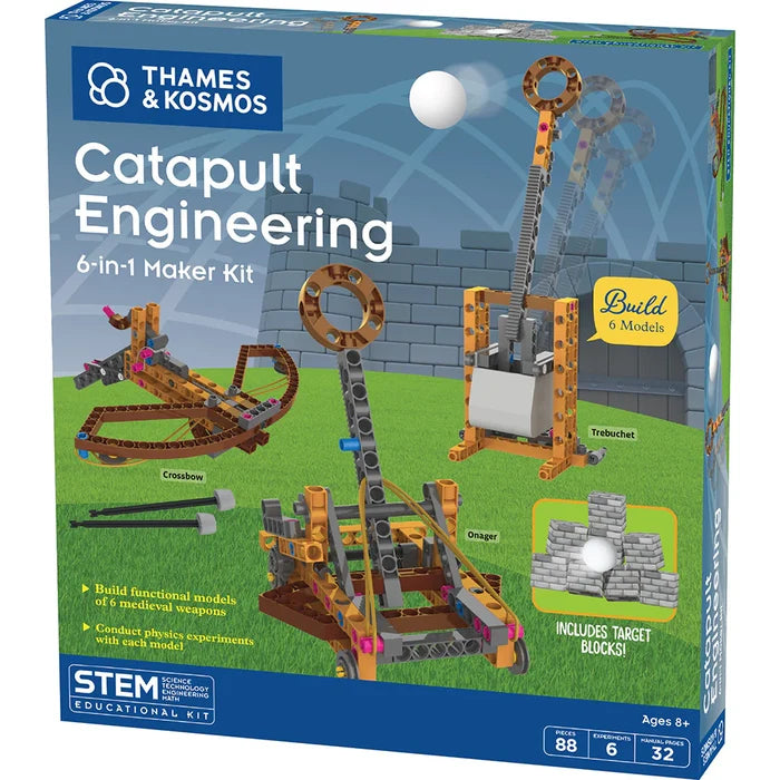 Box of Thames & Kosmos Catapult Engineering 6-in-1 Maker Kit with various catapult models on a grassy field background.