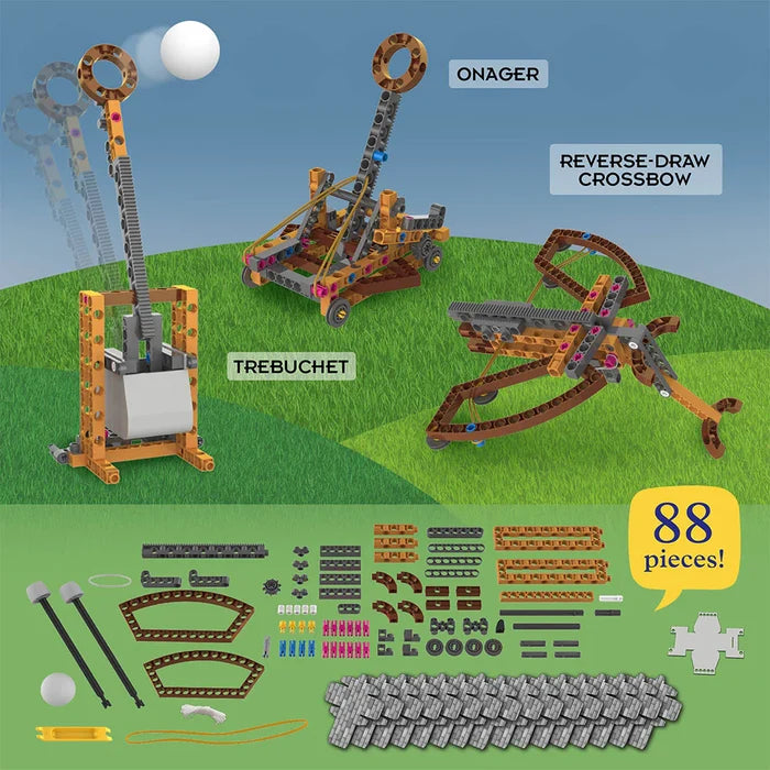 Model kit of trebuchet and onager with labeled parts and piece count on a grassy field.