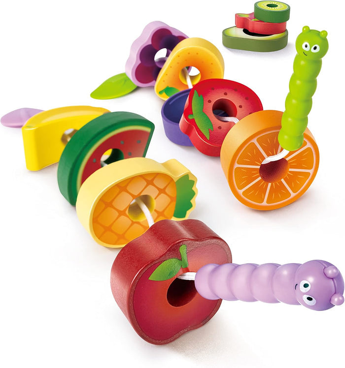 A set of colorful wooden caterpillar toys with detachable fruit pieces in various shapes and colors designed for young children.