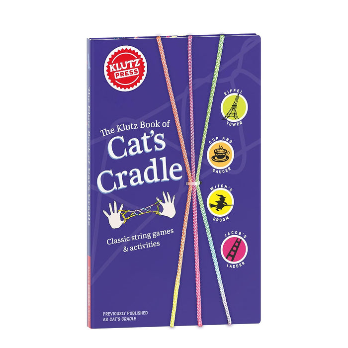 The Klutz Book of Cat's Cradle, a purple educational activity book with colorful string graphics and a red Klutz Press logo, shown on a plain white background.