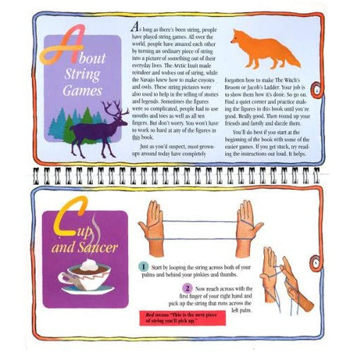 A spiral-bound booklet page titled 'About String Games' and 'Cup and Saucer, with illustrated hand instructions for tying a string, shown against a light white background with multicolored border lines.