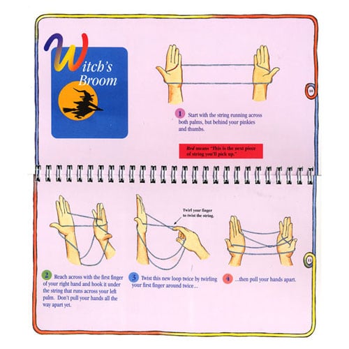 A spiral-bound booklet page titled 'Witch's Broom' with illustrated hand instructions for tying a string, shown against a light pink background with multicolored border lines.