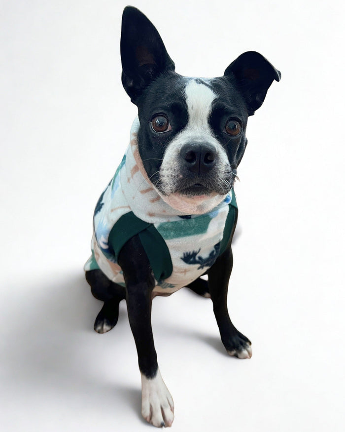 Side profile of a white pup wearing a fleece sweater featuring a delightful mix of moose, pine trees, moon, and sun, with artistic lines and accents on a light background.