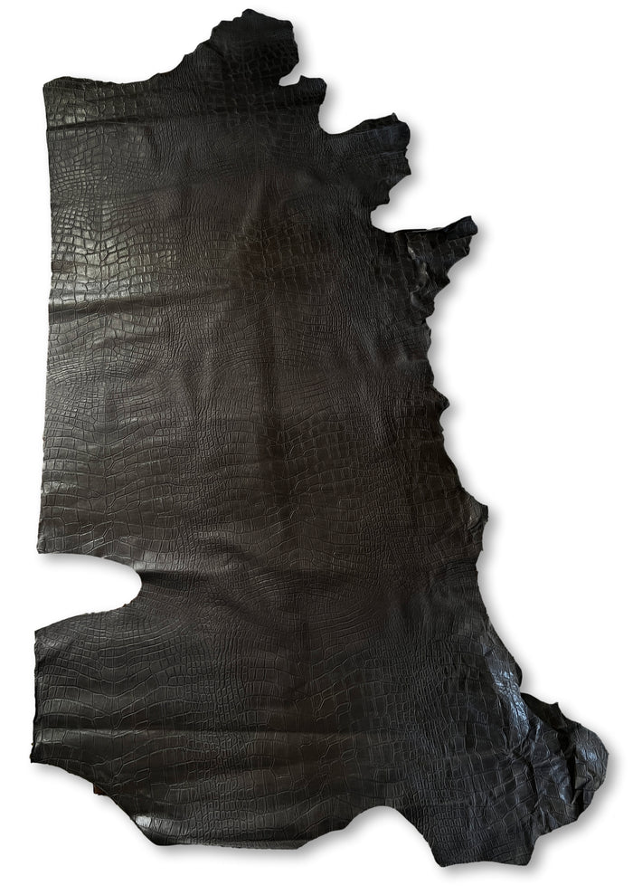 Charcoal Grey Alligator Embossed Cowhide shown to display leather shape and cutting area