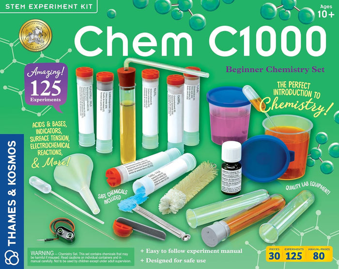 Chem C1000 beginner chemistry set packaging with various lab equipment on a green background