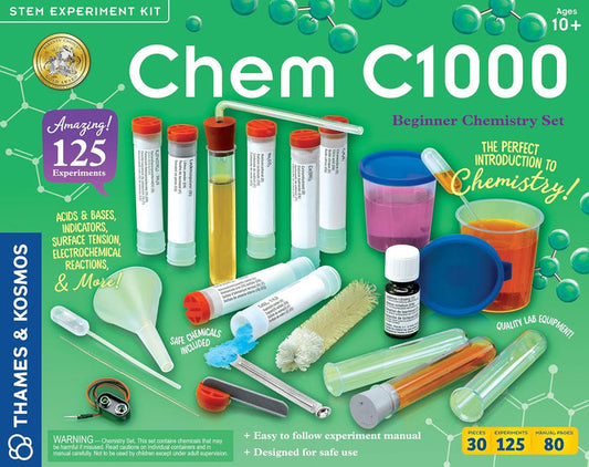 Chem C1000 beginner chemistry set packaging with various lab equipment on a green background