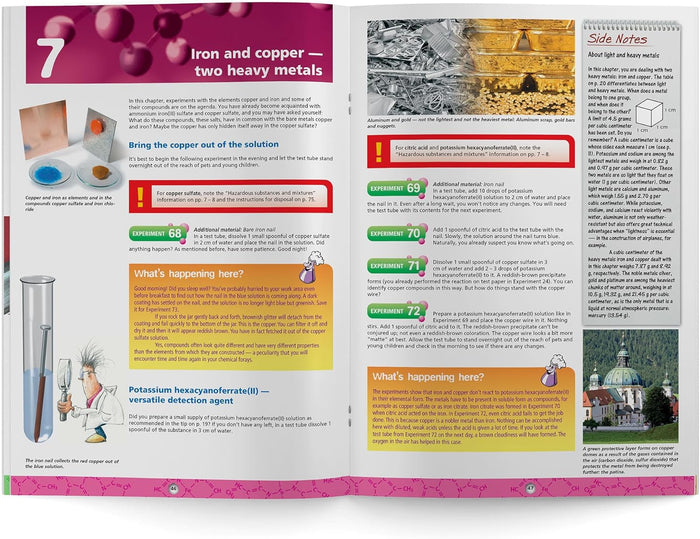 Open book with educational content on iron and copper metals, featuring images and text.