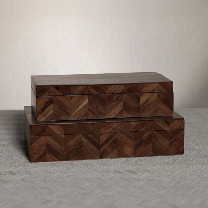 Chevron Wood Box featuring a herringbone pattern in walnut-toned wood, with a sleek design and warm interior.