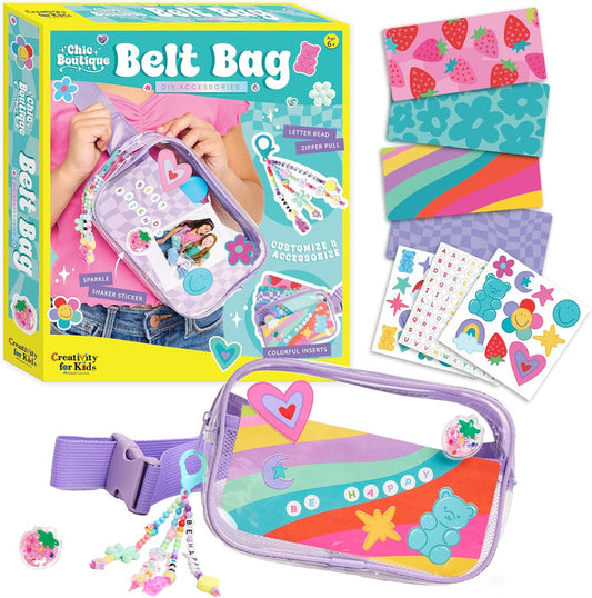 Belt bag craft kit with colorful inserts, stickers, and a completed bag on a white background.