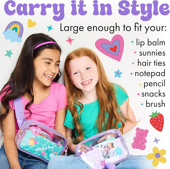 Two girls wearing Belt Bags on a white background with rainbows, hearts, stars and flowers