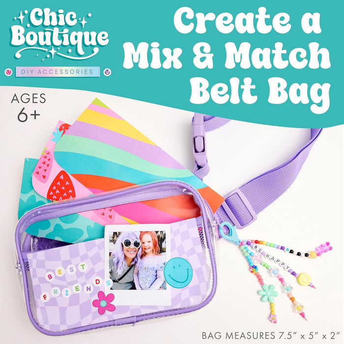 A completed Belt Bag with a bead tassel on a white and light blue background