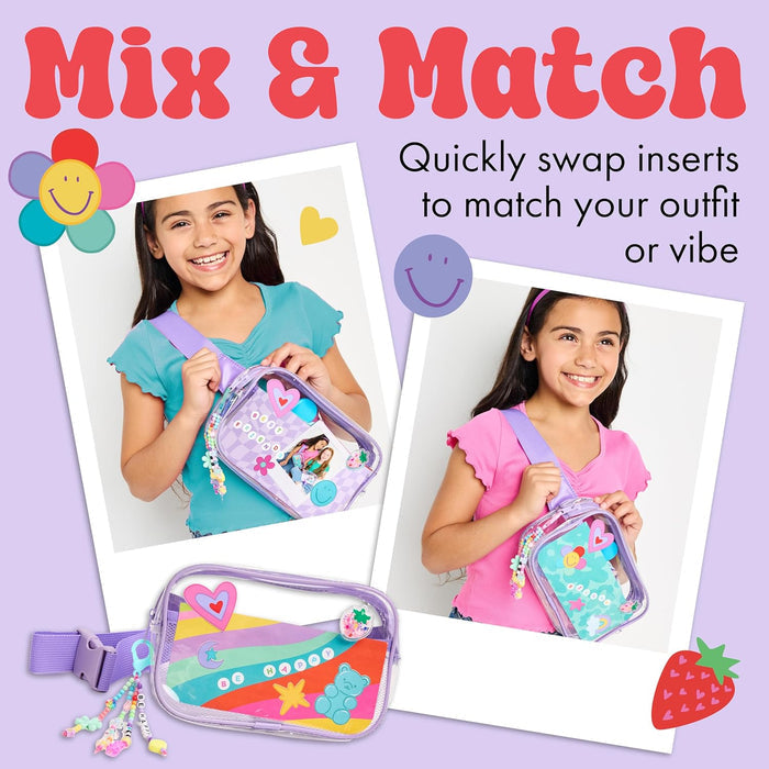 Two photos of a girl wearing her belt bag with two different inserts to create two different bag looks