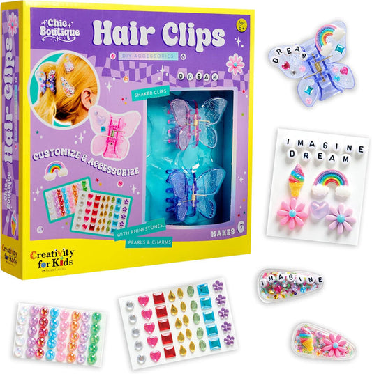 Hair clip set with packaging featuring butterfly designs and accessories.