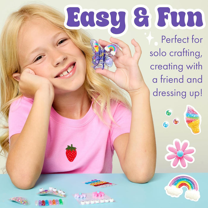 Young girl with decorated hair clips.