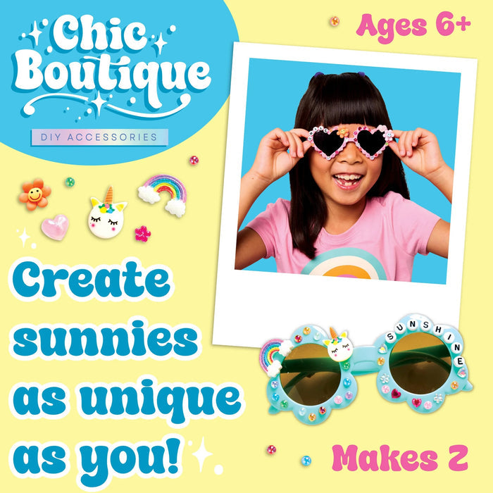Photo of a girl wearing her Sunnies with text that says "Create sunnies as unique as you!"