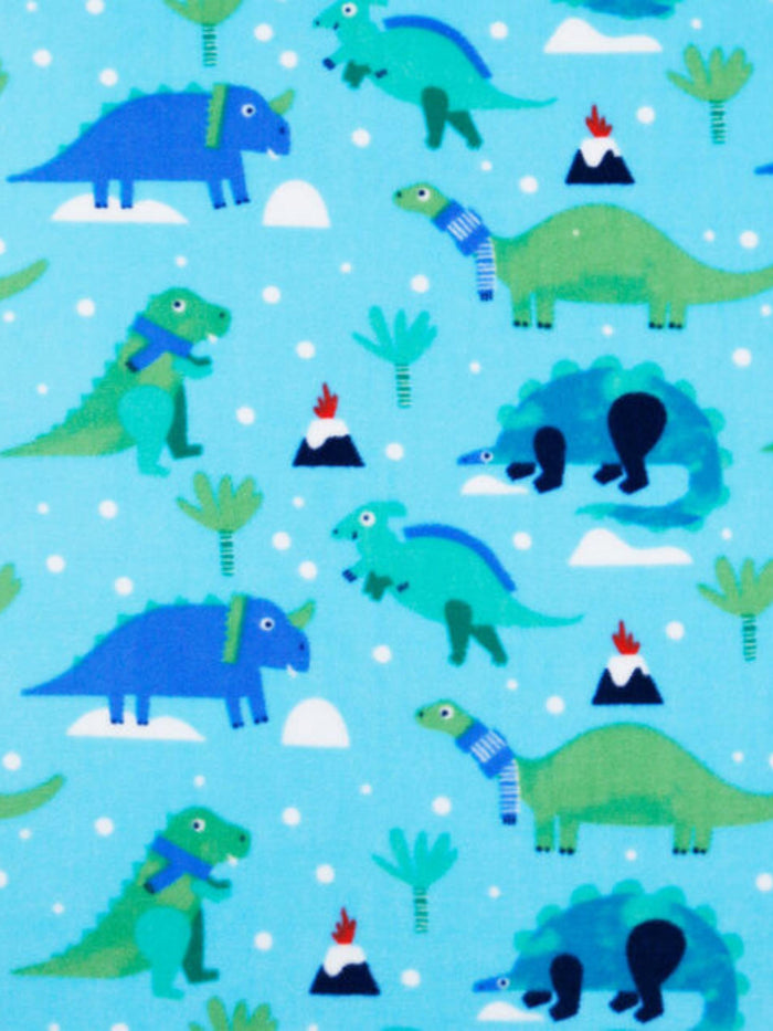Blue fleece fabric with a dinosaur print