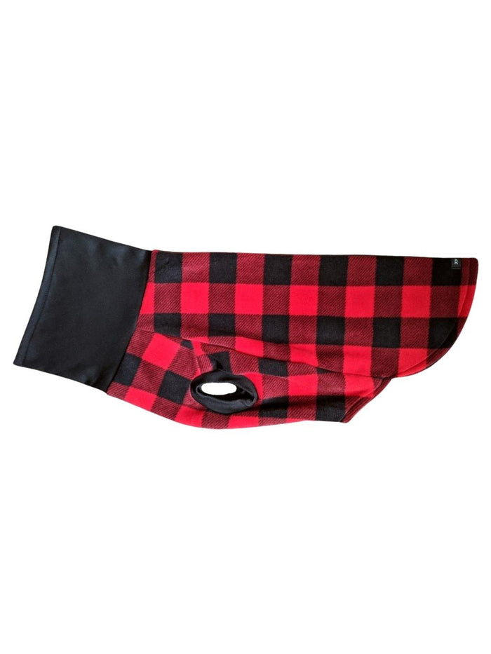 Side profile of Jax & Molly's pullover buffalo plaid dog sweater.