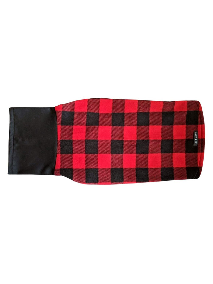 Back view of Jax & Molly's fleece pullover dog sweater with a buffalo plaid print