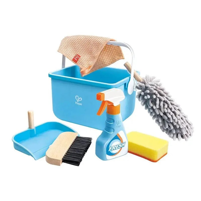Children's toy cleaning set with blue bucket, broom, dustpan, and cleaning tools on a white background