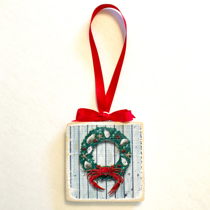 Coastal Holiday Crab Wreath, Wooden 3x3" Holiday Ornament with Satin Ribbon