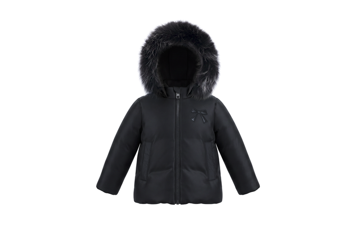 coat down bow embroidered drawstring with fur hood - black