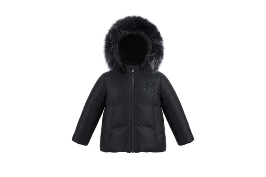 coat down bow embroidered drawstring with fur hood - black