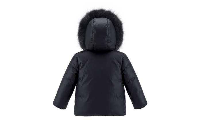 coat down bow embroidered drawstring with fur hood - black